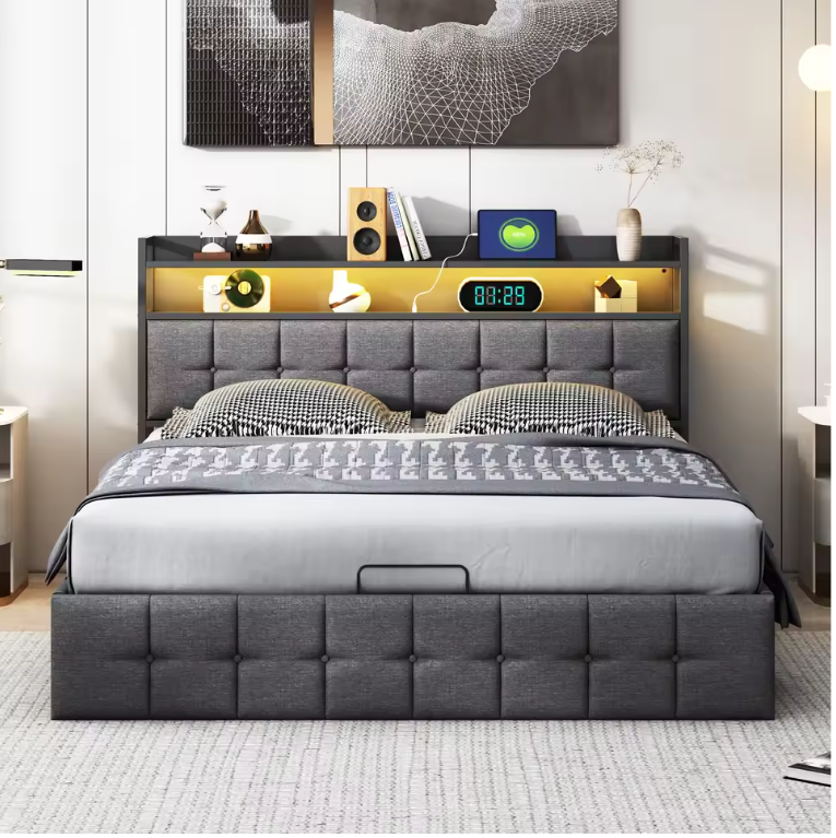 Multifunctioneel Dubbel Bed met LED, USB, Hydraulische Opbergruimte