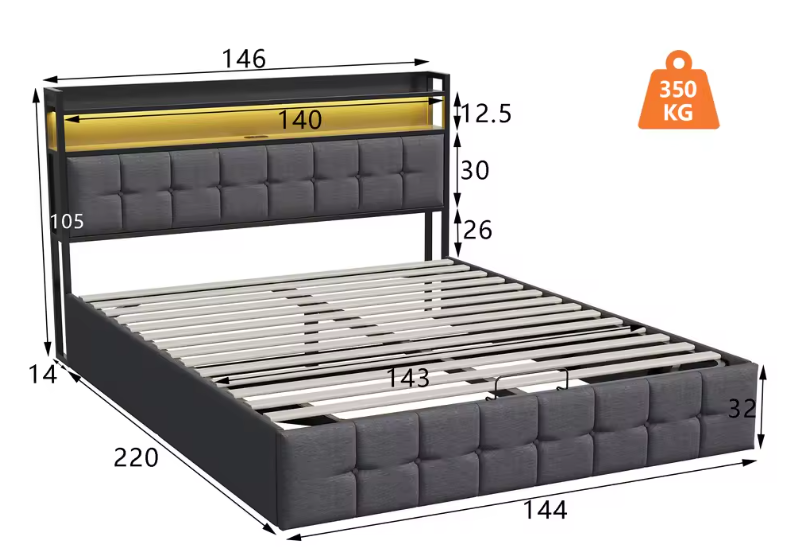 Multifunctioneel Dubbel Bed met LED, USB, Hydraulische Opbergruimte