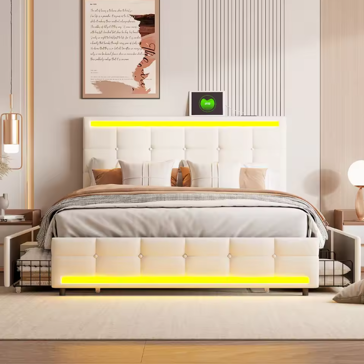 Opbergbed met LED, USB-poorten, 4 Lades en Hoofdbord