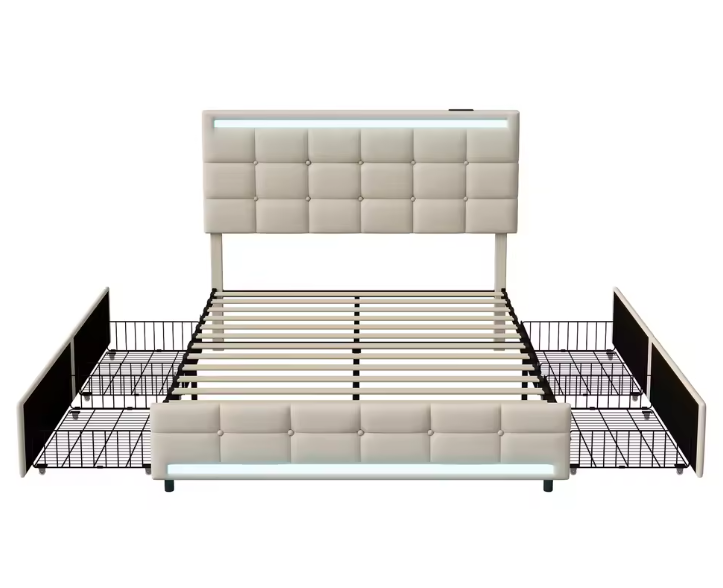 Opbergbed met LED, USB-poorten, 4 Lades en Hoofdbord