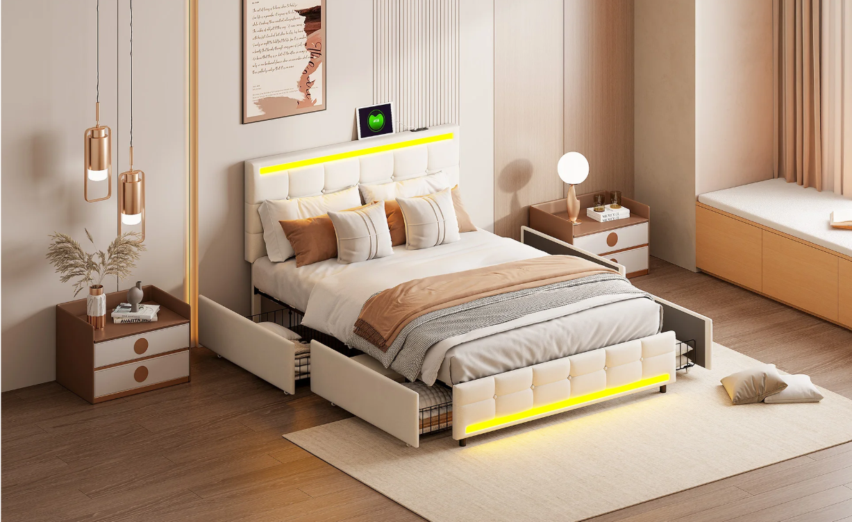 Opbergbed met LED, USB-poorten, 4 Lades en Hoofdbord