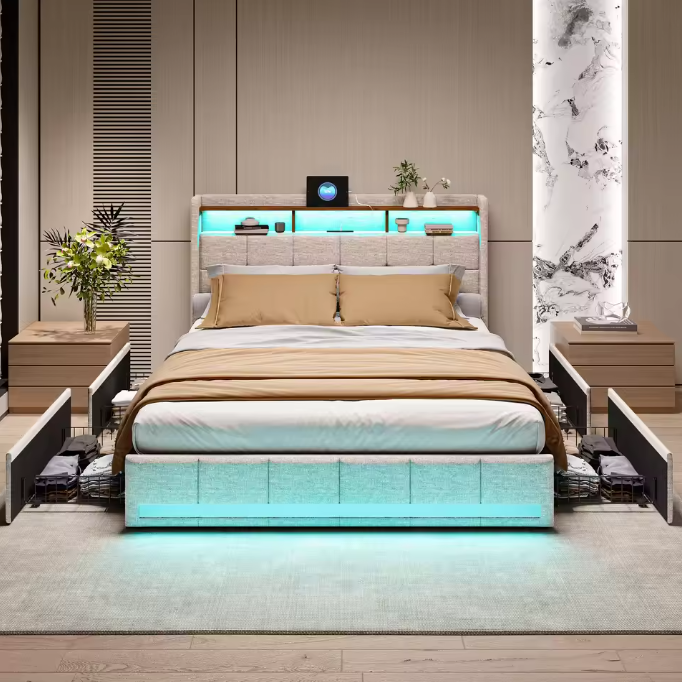 Opbergbed 140x200 cm met USB, LED Hoofdbord en 4 Lades
