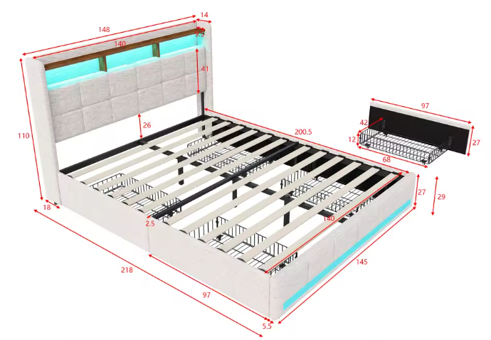 Opbergbed 140x200 cm met USB, LED Hoofdbord en 4 Lades