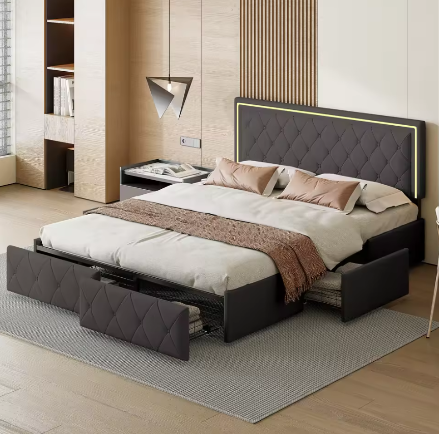 Opbergbed 160x200 cm met LED Hoofdbord, 4 Lades en PU Bekleding