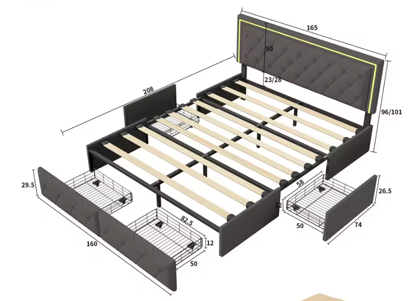 Opbergbed 160x200 cm met LED Hoofdbord, 4 Lades en PU Bekleding