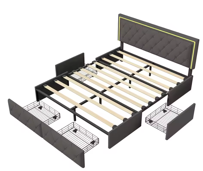 Opbergbed 160x200 cm met LED Hoofdbord, 4 Lades en PU Bekleding