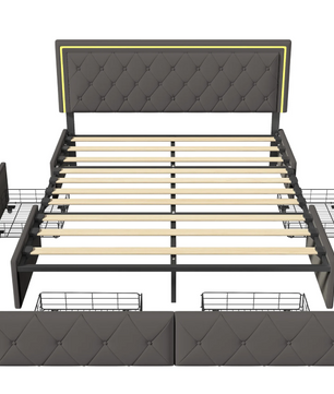Opbergbed 160x200 cm met LED Hoofdbord, 4 Lades en PU Bekleding
