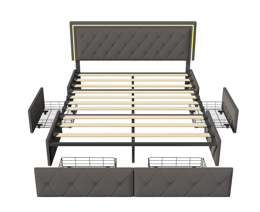 Opbergbed 160x200 cm met LED Hoofdbord, 4 Lades en PU Bekleding