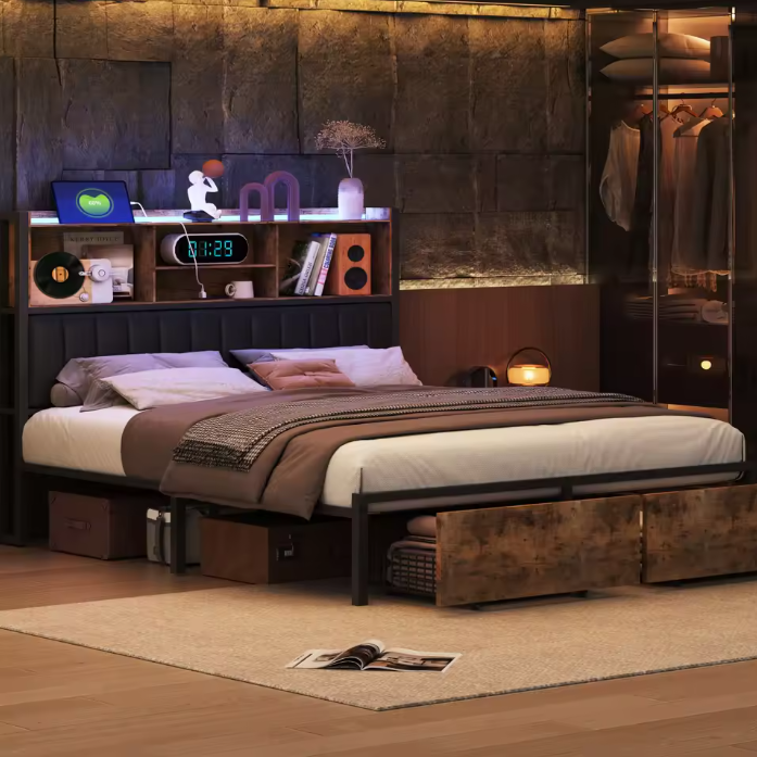 Modern Metaal Bed 140x200 cm met LED Hoofdbord en 2 Lades