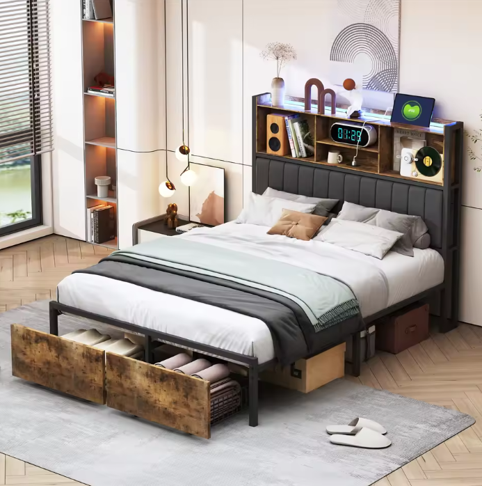 Modern Metaal Bed 140x200 cm met LED Hoofdbord en 2 Lades