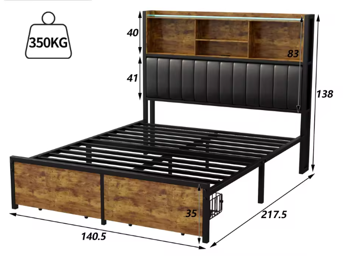 Modern Metaal Bed 140x200 cm met LED Hoofdbord en 2 Lades