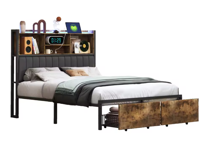 Modern Metaal Bed 140x200 cm met LED Hoofdbord en 2 Lades