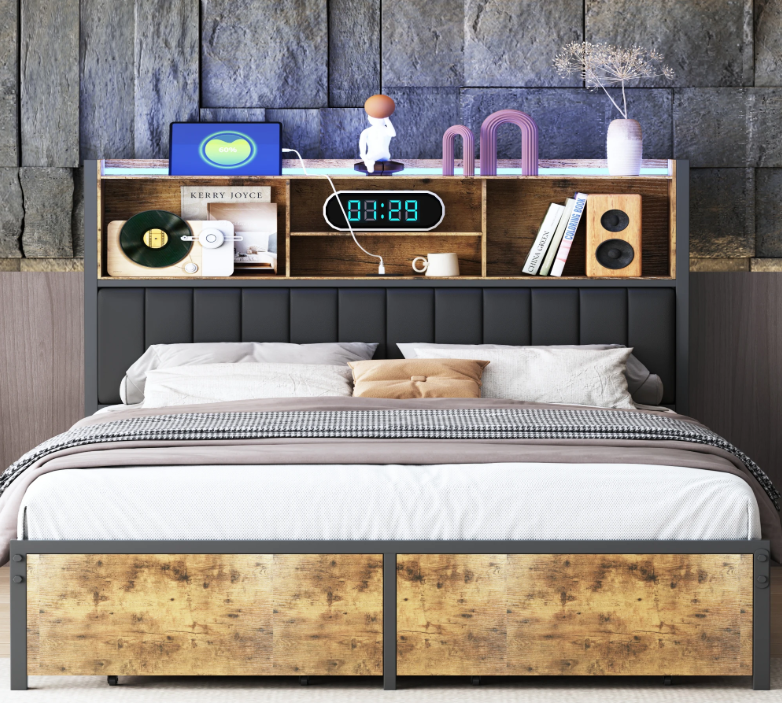 Modern Metaal Bed 140x200 cm met LED Hoofdbord en 2 Lades