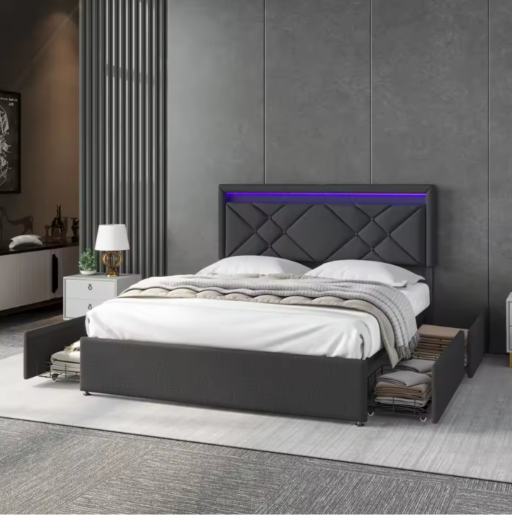 Linnen Opbergbed 140x200 cm met LED Hoofdbord, USB en 4 Lades