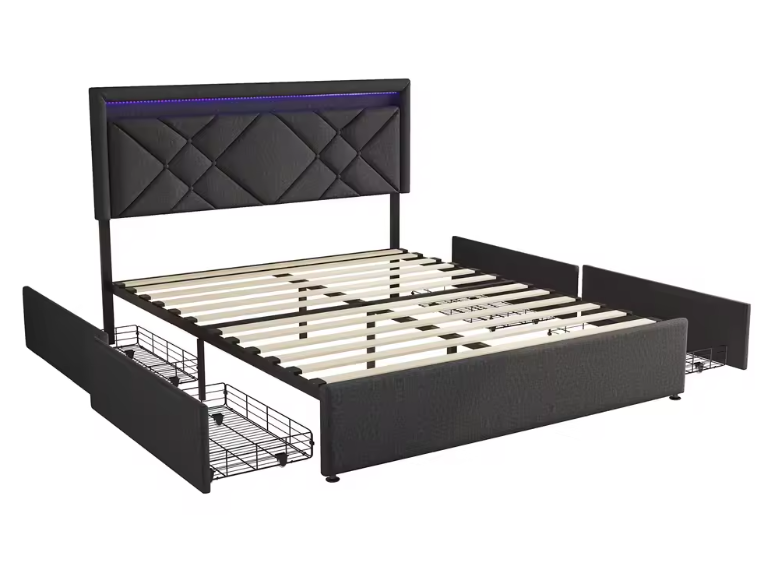 Linnen Opbergbed 140x200 cm met LED Hoofdbord, USB en 4 Lades