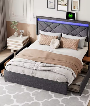 Linnen Opbergbed 140x200 cm met LED Hoofdbord, USB en 4 Lades