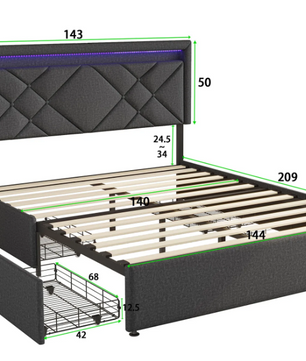 Linnen Opbergbed 140x200 cm met LED Hoofdbord, USB en 4 Lades