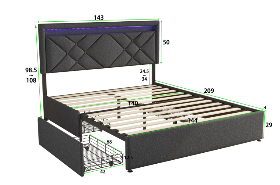Linnen Opbergbed 140x200 cm met LED Hoofdbord, USB en 4 Lades
