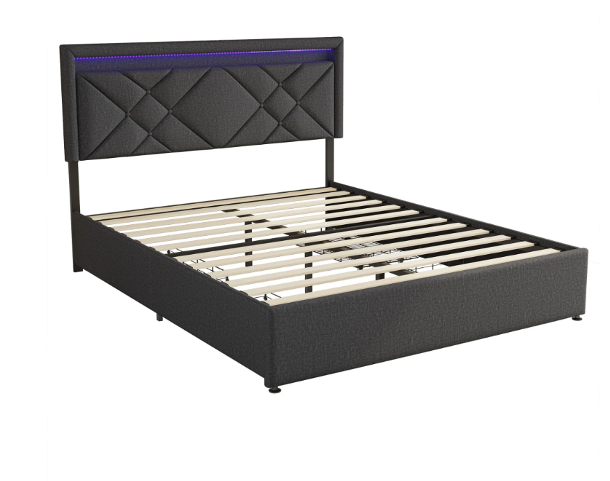 Linnen Opbergbed 140x200 cm met LED Hoofdbord, USB en 4 Lades