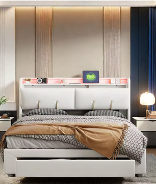 Linnen Opbergbed 140x200 cm met LED Hoofdbord en USB-poorten