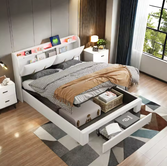 Linnen Opbergbed 140x200 cm met LED Hoofdbord en USB-poorten