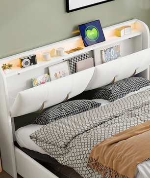 Linnen Opbergbed 140x200 cm met LED Hoofdbord en USB-poorten