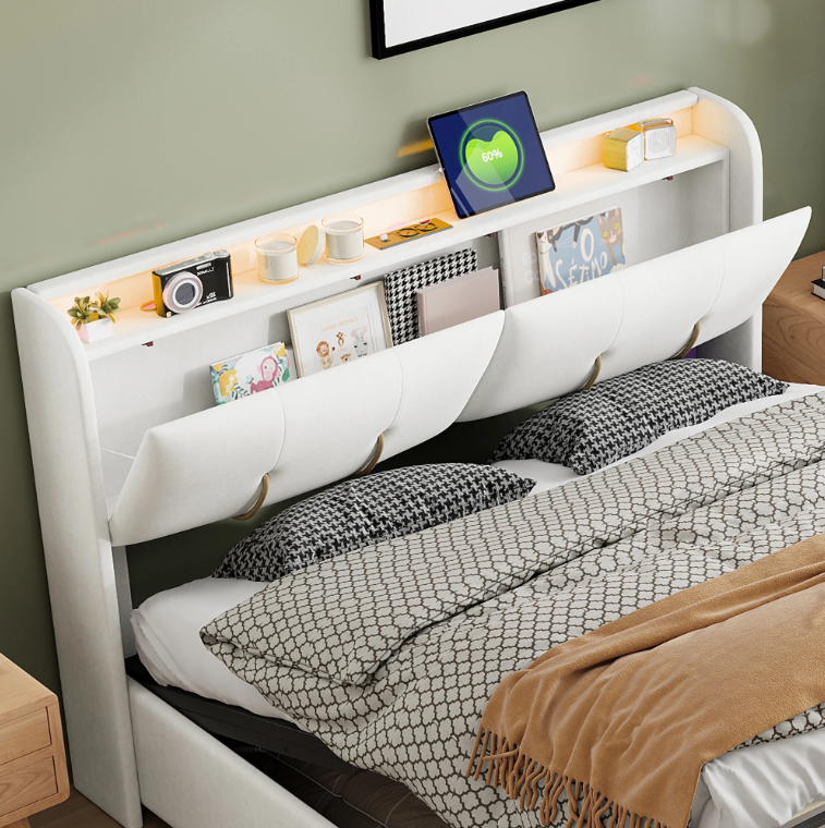 Linnen Opbergbed 140x200 cm met LED Hoofdbord en USB-poorten