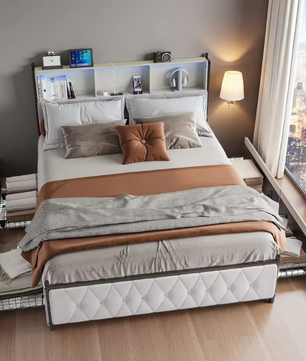 Linnen Opbergbed met LED Hoofdbord, USB-poorten en 4 Lades