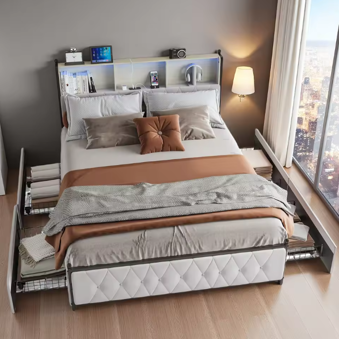 Linnen Opbergbed met LED Hoofdbord, USB-poorten en 4 Lades