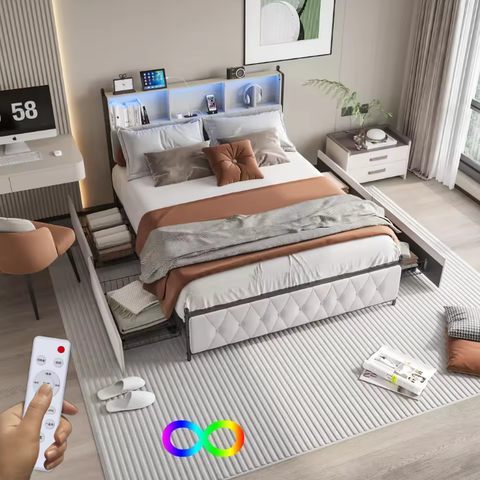 Linnen Opbergbed met LED Hoofdbord, USB-poorten en 4 Lades