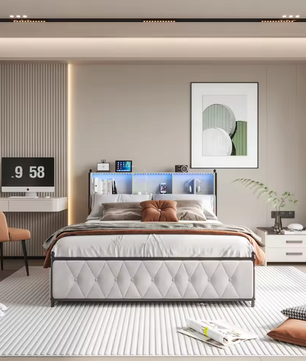 Linnen Opbergbed met LED Hoofdbord, USB-poorten en 4 Lades