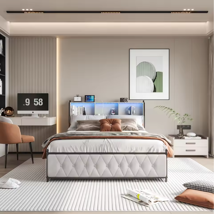 Linnen Opbergbed met LED Hoofdbord, USB-poorten en 4 Lades