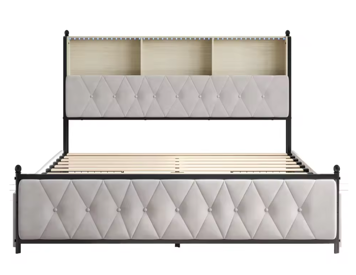 Linnen Opbergbed met LED Hoofdbord, USB-poorten en 4 Lades