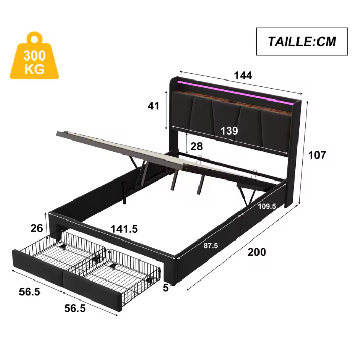 Hydraulisch Opbergbed 140x200 cm met LED Hoofdbord en USB