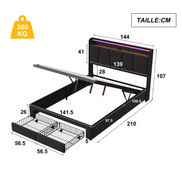 Hydraulisch Opbergbed 140x200 cm met LED Hoofdbord en USB