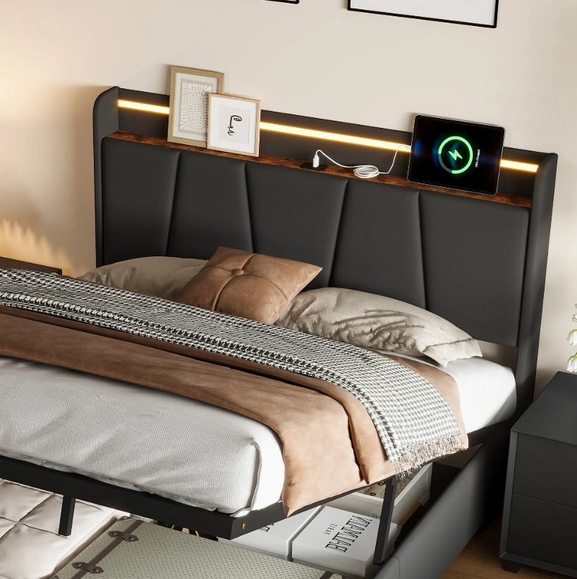 Hydraulisch Opbergbed 140x200 cm met LED Hoofdbord en USB