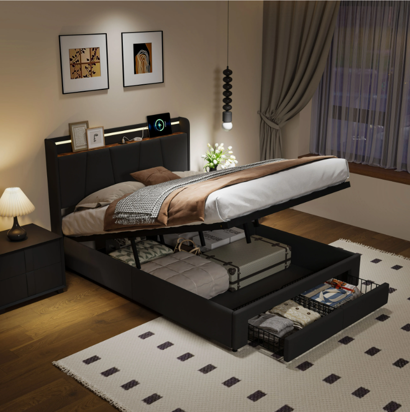 Hydraulisch Opbergbed 140x200 cm met LED Hoofdbord en USB