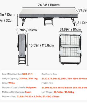 Opklapbed met Stalen Frame en Geheugenfoam Matras – 31/38 inch, Makkelijk Verplaatsbaar en Comfortabel