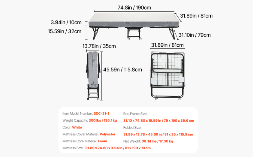 Opklapbed met Stalen Frame en Geheugenfoam Matras – 31/38 inch, Makkelijk Verplaatsbaar en Comfortabel