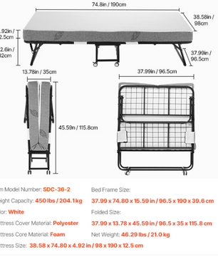 Opklapbed met Stalen Frame en Geheugenfoam Matras – 31/38 inch, Makkelijk Verplaatsbaar en Comfortabel
