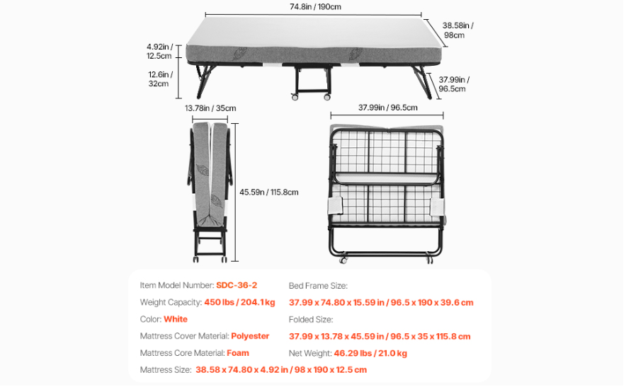 Opklapbed met Stalen Frame en Geheugenfoam Matras – 31/38 inch, Makkelijk Verplaatsbaar en Comfortabel