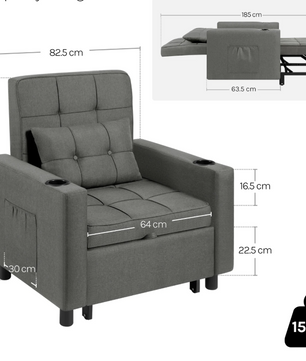 4-in-1 Opklapbed Stoel met Verstelbare Rugleuning, Padded Kussen en Opslag