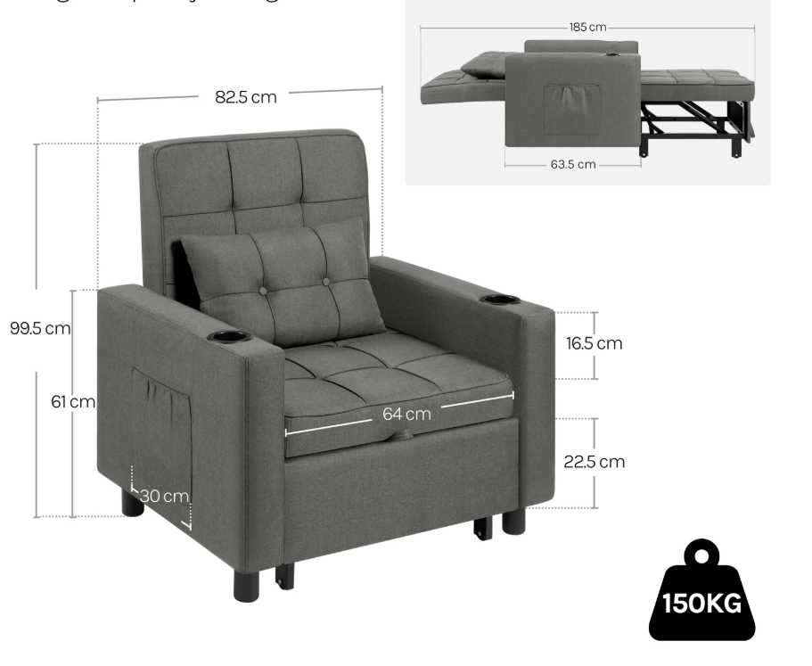 4-in-1 Opklapbed Stoel met Verstelbare Rugleuning, Padded Kussen en Opslag