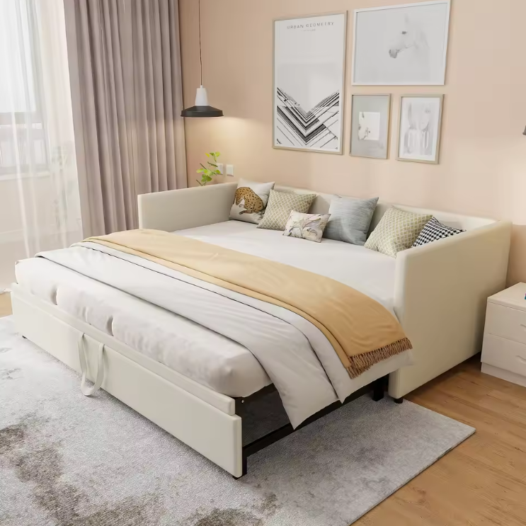Pull-out Sofa Bed met Slatted Frame – 90/180 x 200 cm, Beige Velvet