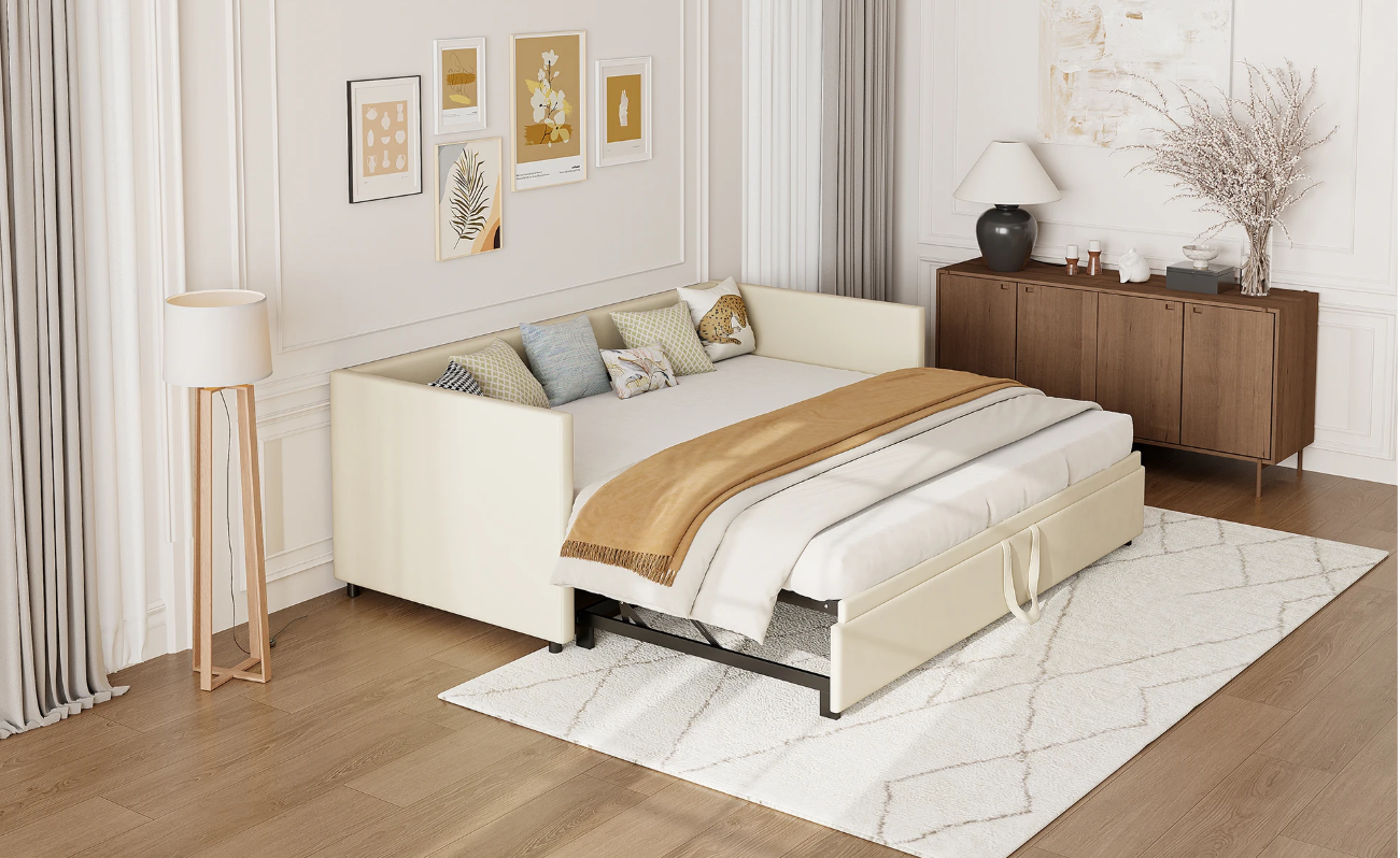 Pull-out Sofa Bed met Slatted Frame – 90/180 x 200 cm, Beige Velvet