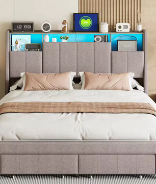 Tweepersoonsbed met LED-Verlichting, USB-Poorten en Opbergruimte