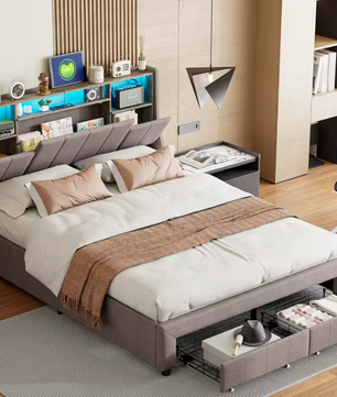 Tweepersoonsbed met LED-Verlichting, USB-Poorten en Opbergruimte