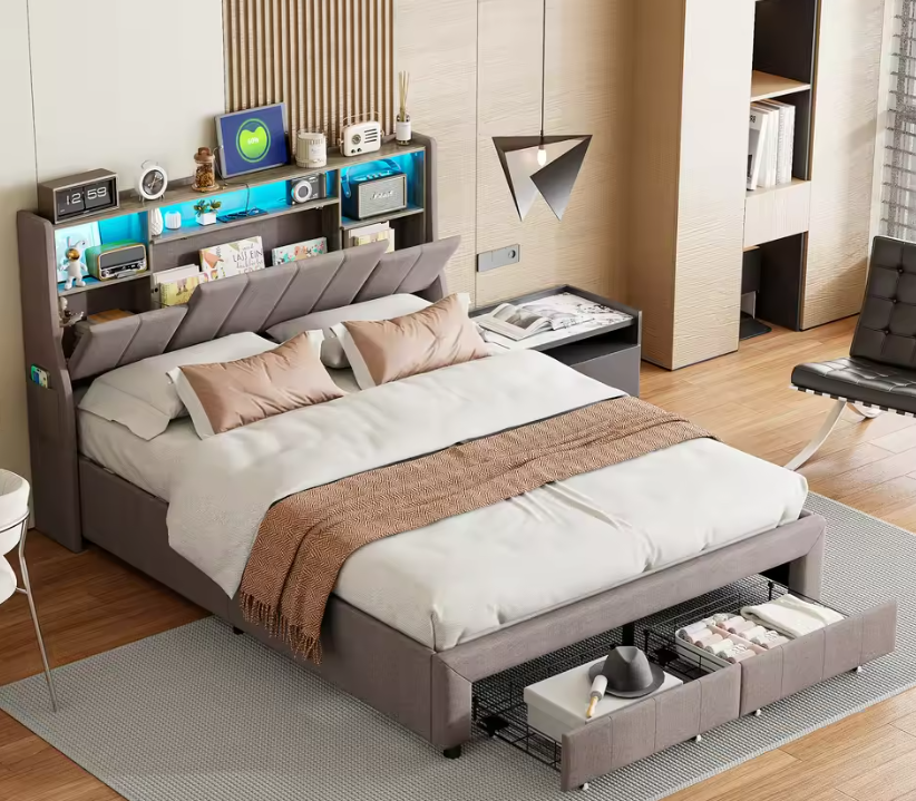 Tweepersoonsbed met LED-Verlichting, USB-Poorten en Opbergruimte