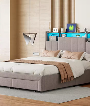 Tweepersoonsbed met LED-Verlichting, USB-Poorten en Opbergruimte