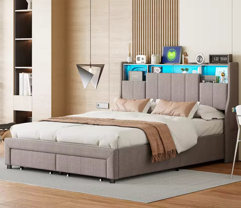 Tweepersoonsbed met LED-Verlichting, USB-Poorten en Opbergruimte
